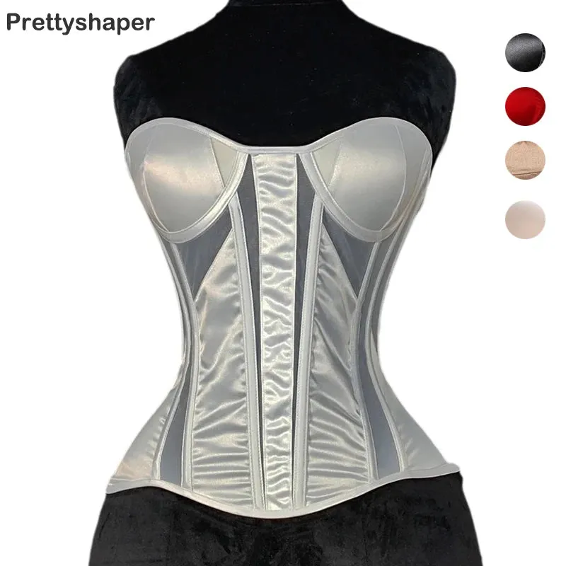 Women Corset Overbust Bustier With Cup Transparent Mesh Steel Bones Bodice Slimm Waist Lace Up Back Tube Tops For Wedding Club