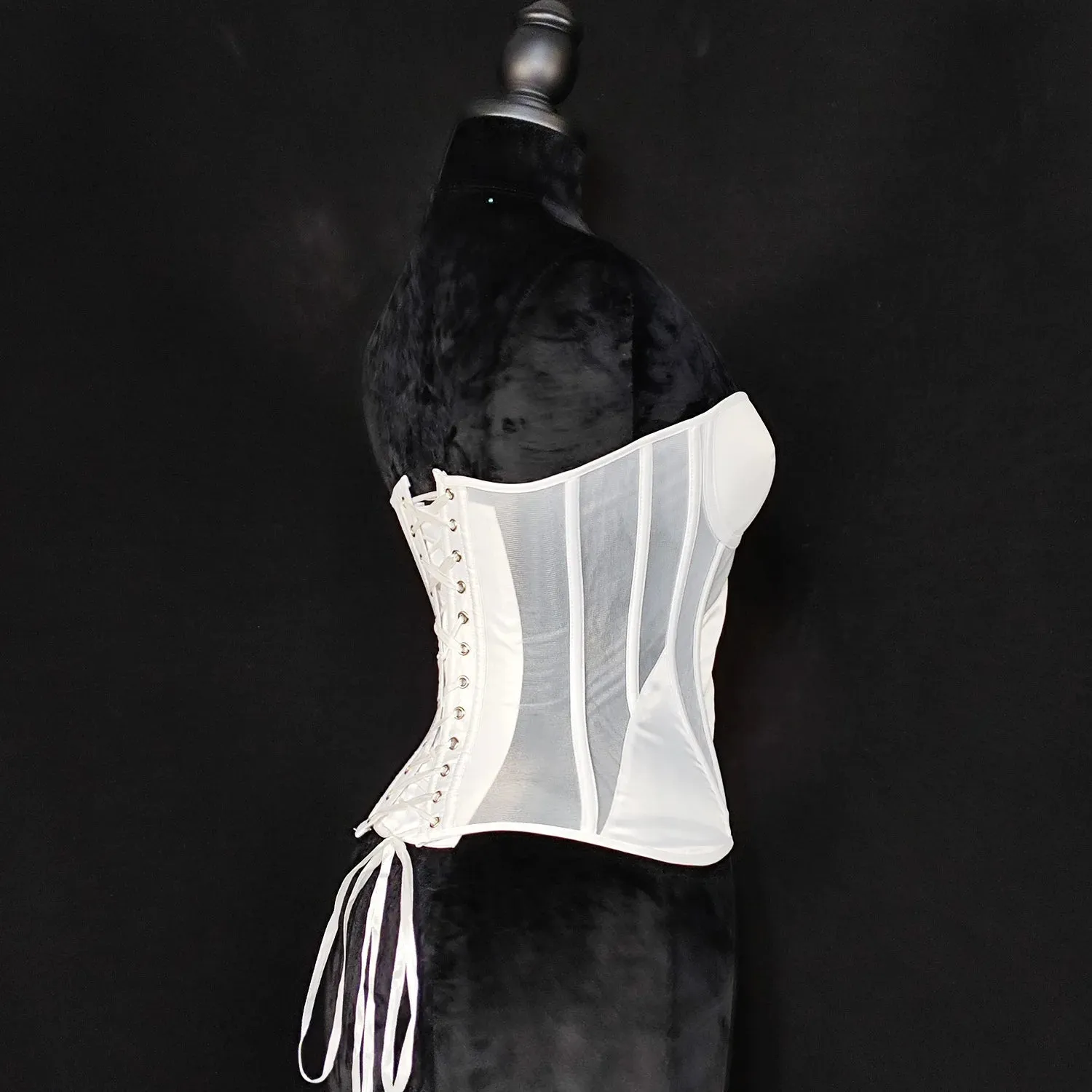 Women Corset Overbust Bustier With Cup Transparent Mesh Steel Bones Bodice Slimm Waist Lace Up Back Tube Tops For Wedding Club