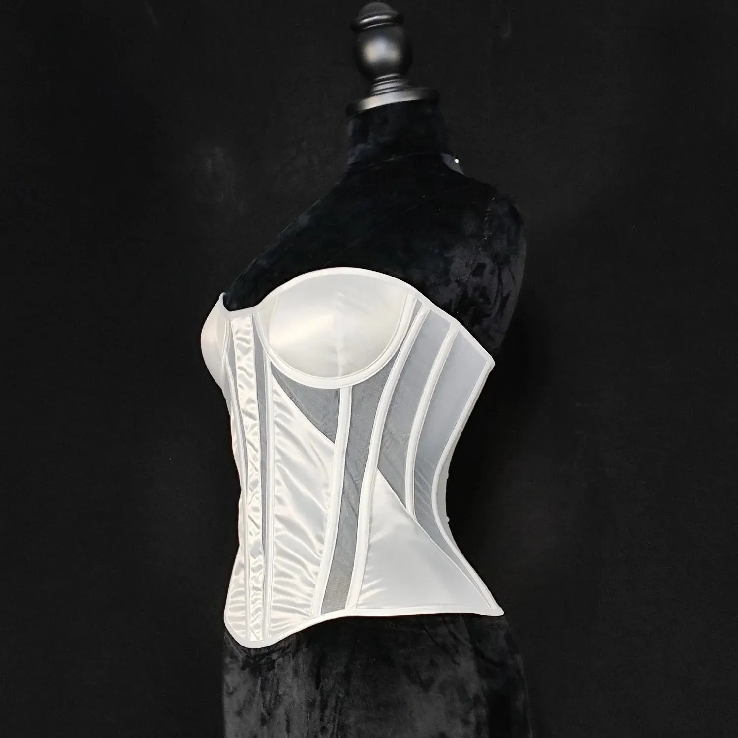 Women Corset Overbust Bustier With Cup Transparent Mesh Steel Bones Bodice Slimm Waist Lace Up Back Tube Tops For Wedding Club